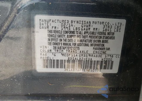 2014 Nissan Sentra S z USA, uszkodzony, nr VIN 3N1AB7AP7EY210775